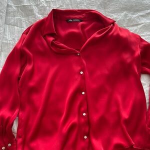 Zara Red Long Sleeve Button Down Shirt